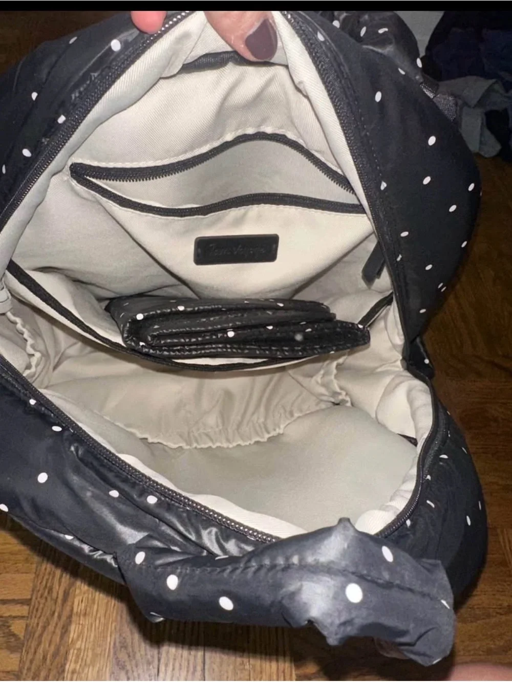 Black Puffer Backpack with White Polka Dots